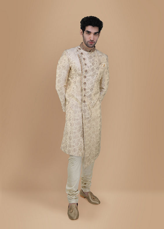 Manyavar Men Bright Biscuit Color Sherwani