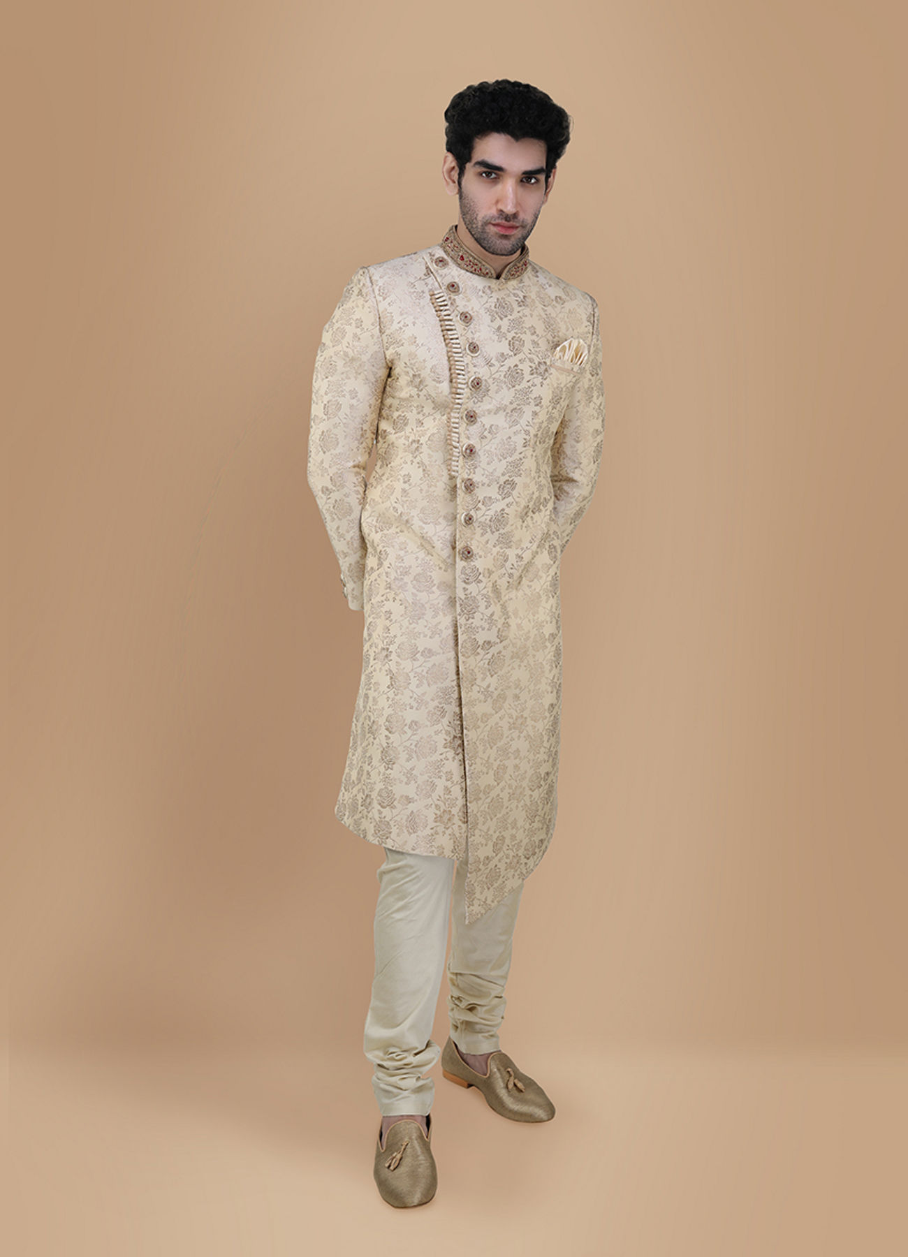 Manyavar Men Bright Biscuit Color Sherwani