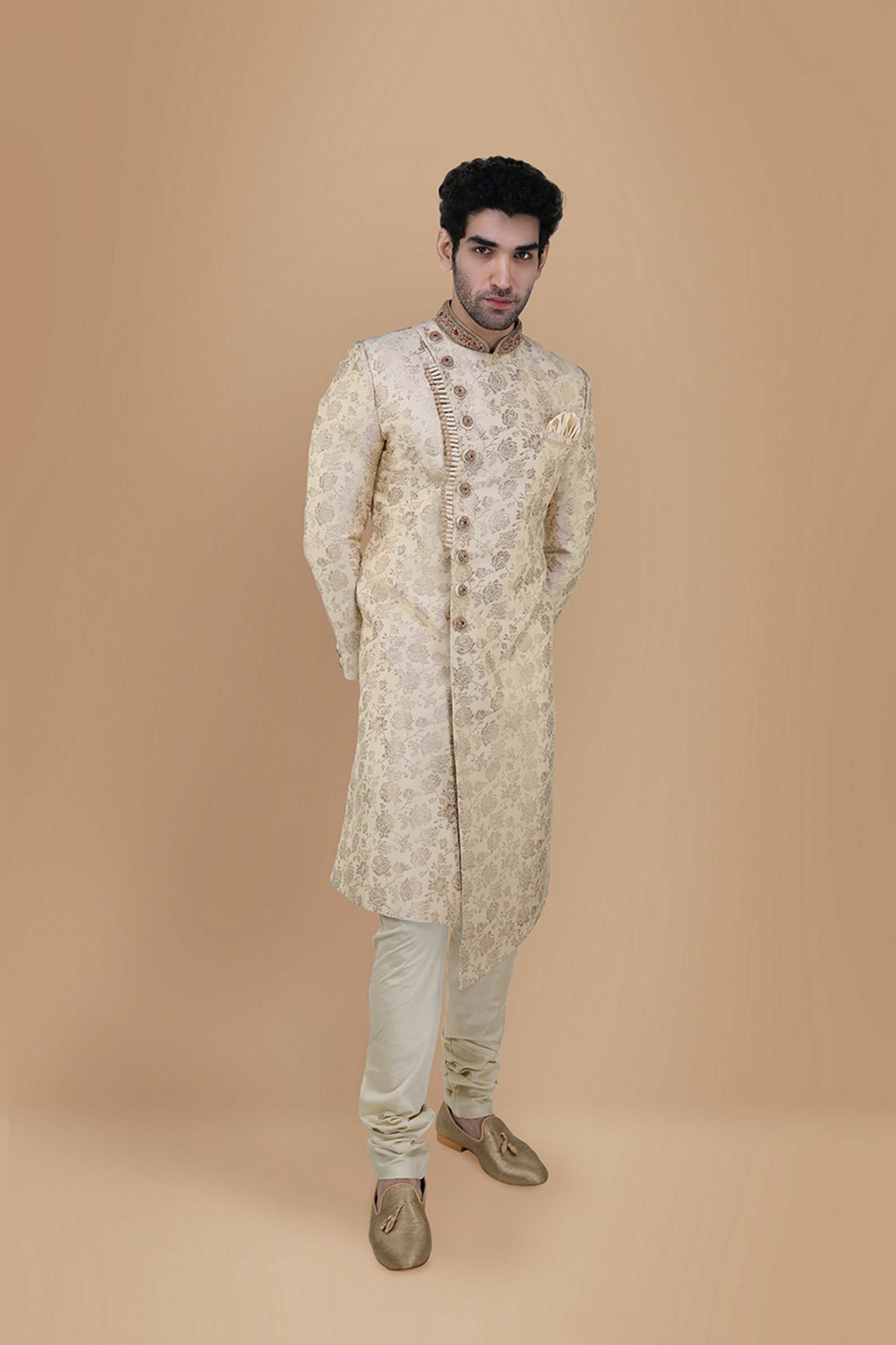 Manyavar Men Bright Biscuit Color Sherwani