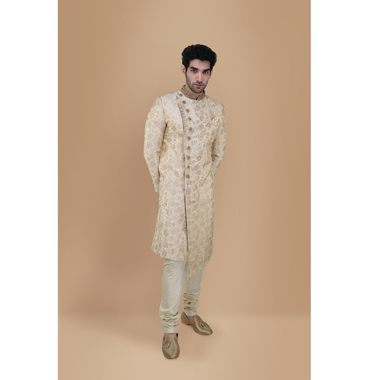 Manyavar Men Bright Biscuit Color Sherwani