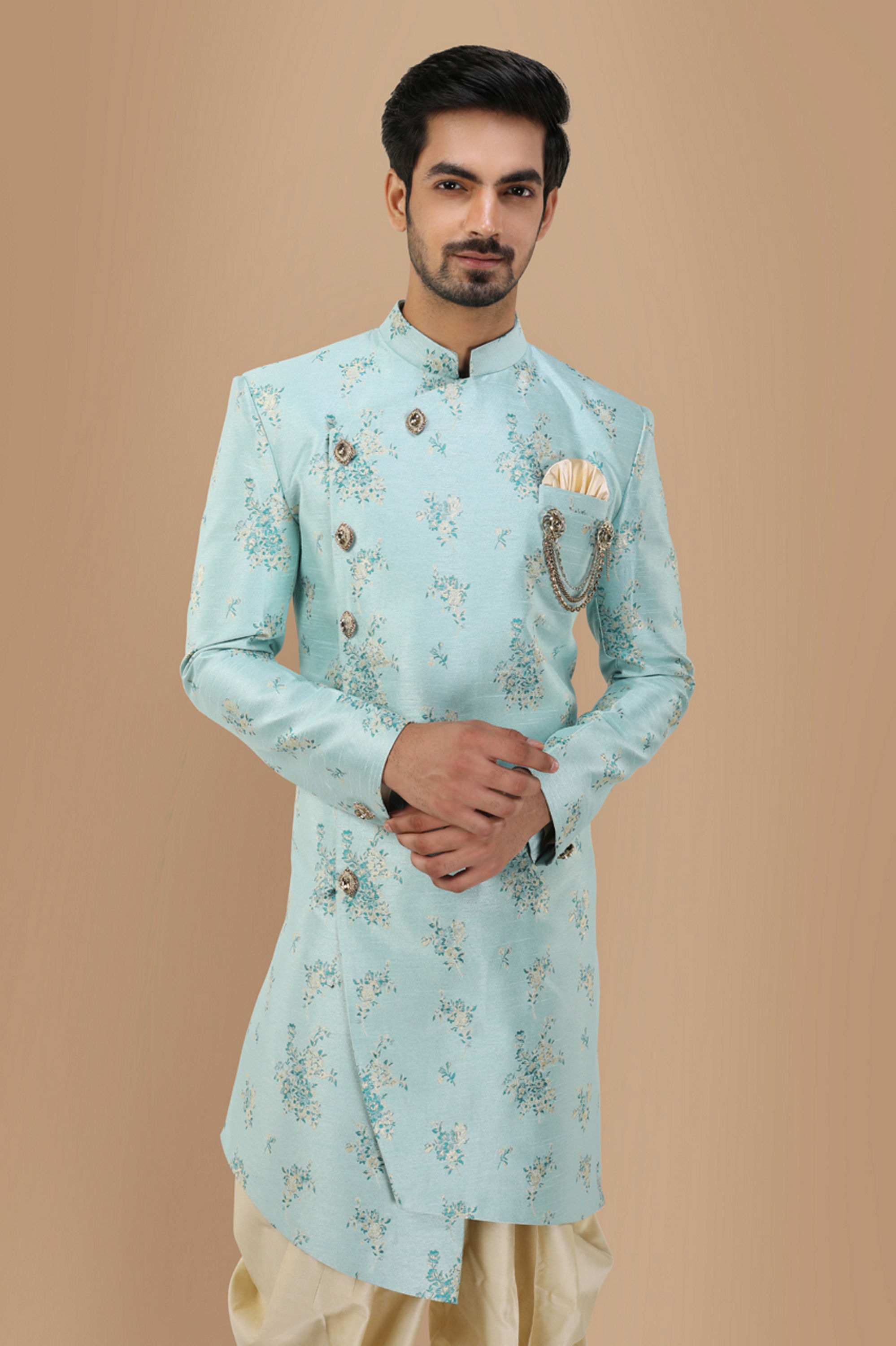 Manyavar Men Attractive Blue Indo Western Wear