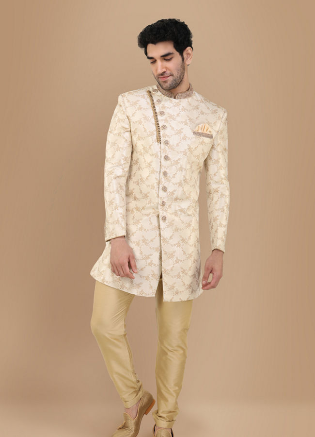 alt message - Manyavar Men Blissful Beige Indo Western Set image number 1