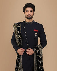 Manyavar Men Vivacious Blue Indo Western Set