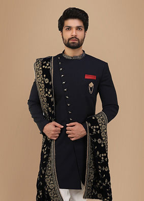 alt message - Manyavar Men Vivacious Blue Indo-Western Set image number 0