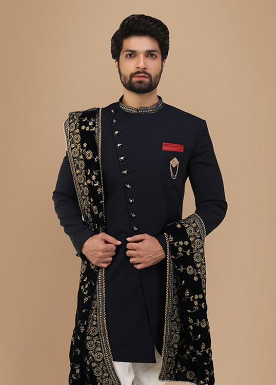 Manyavar Men Vivacious Blue Indo Western Set