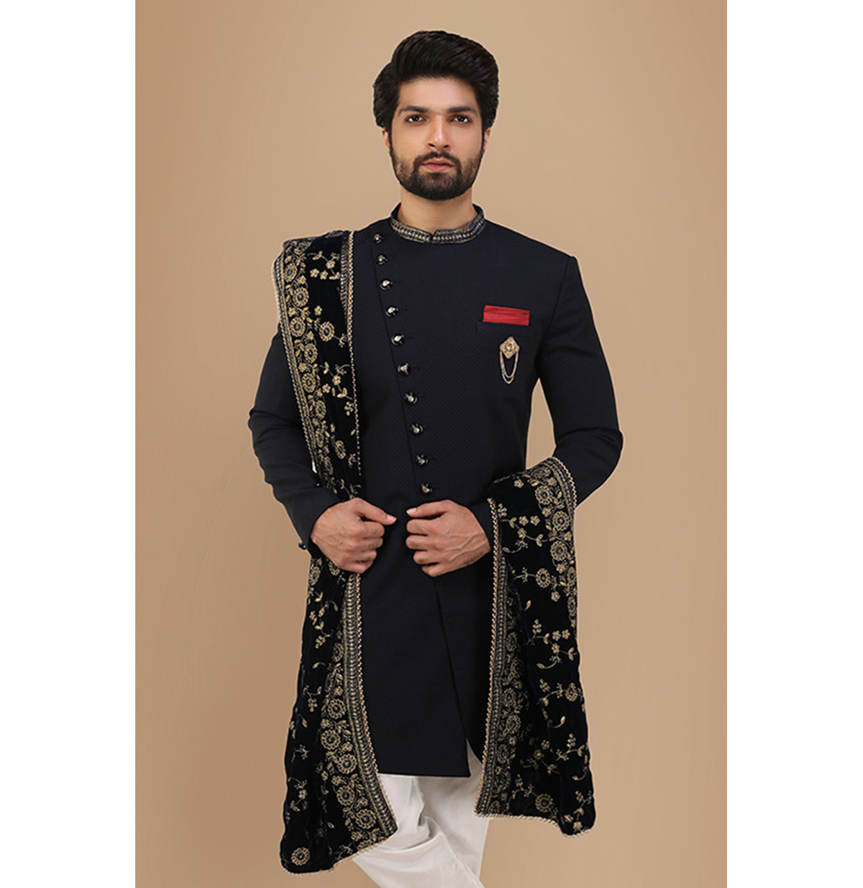 alt message - Manyavar Men Vivacious Blue Indo-Western Set image number 0