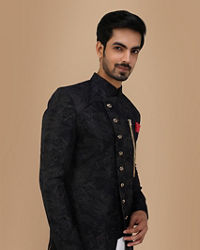 Manyavar Men Dark Blue Layered Angrakha Indo Western