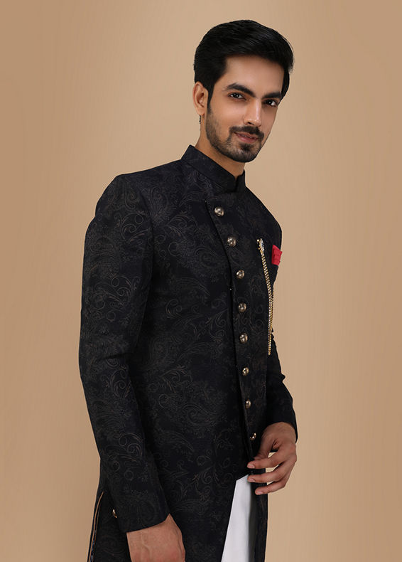 Manyavar Men Dark Blue Layered Angrakha Indo Western