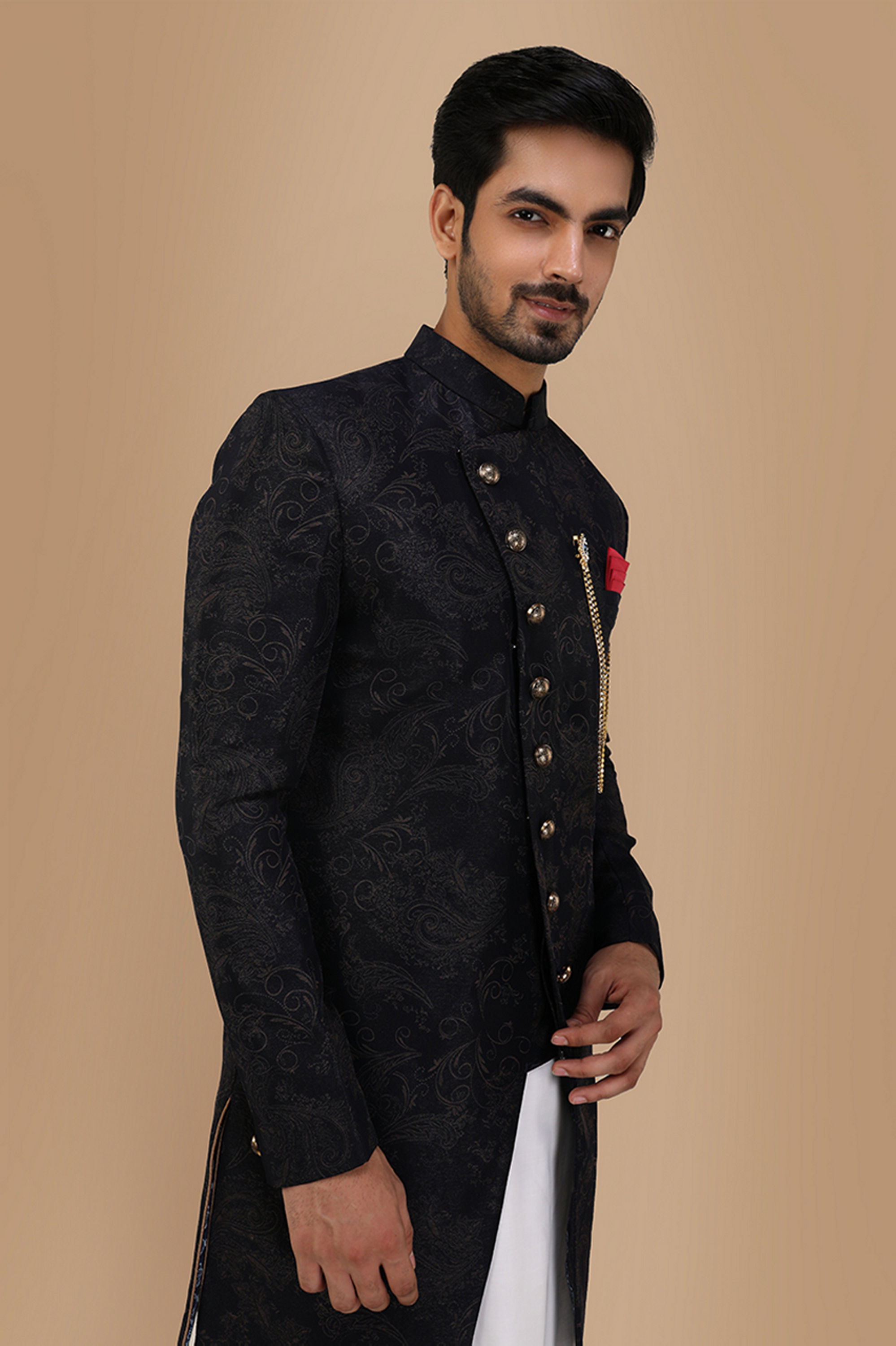 Manyavar Men Dark Blue Layered Angrakha Indo Western