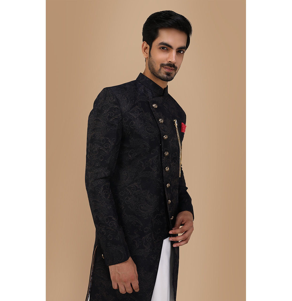 Manyavar Men Dark Blue Layered Angrakha Indo Western