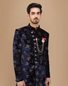 alt message - Manyavar Men Velvet Blue Indo-Western image number 0