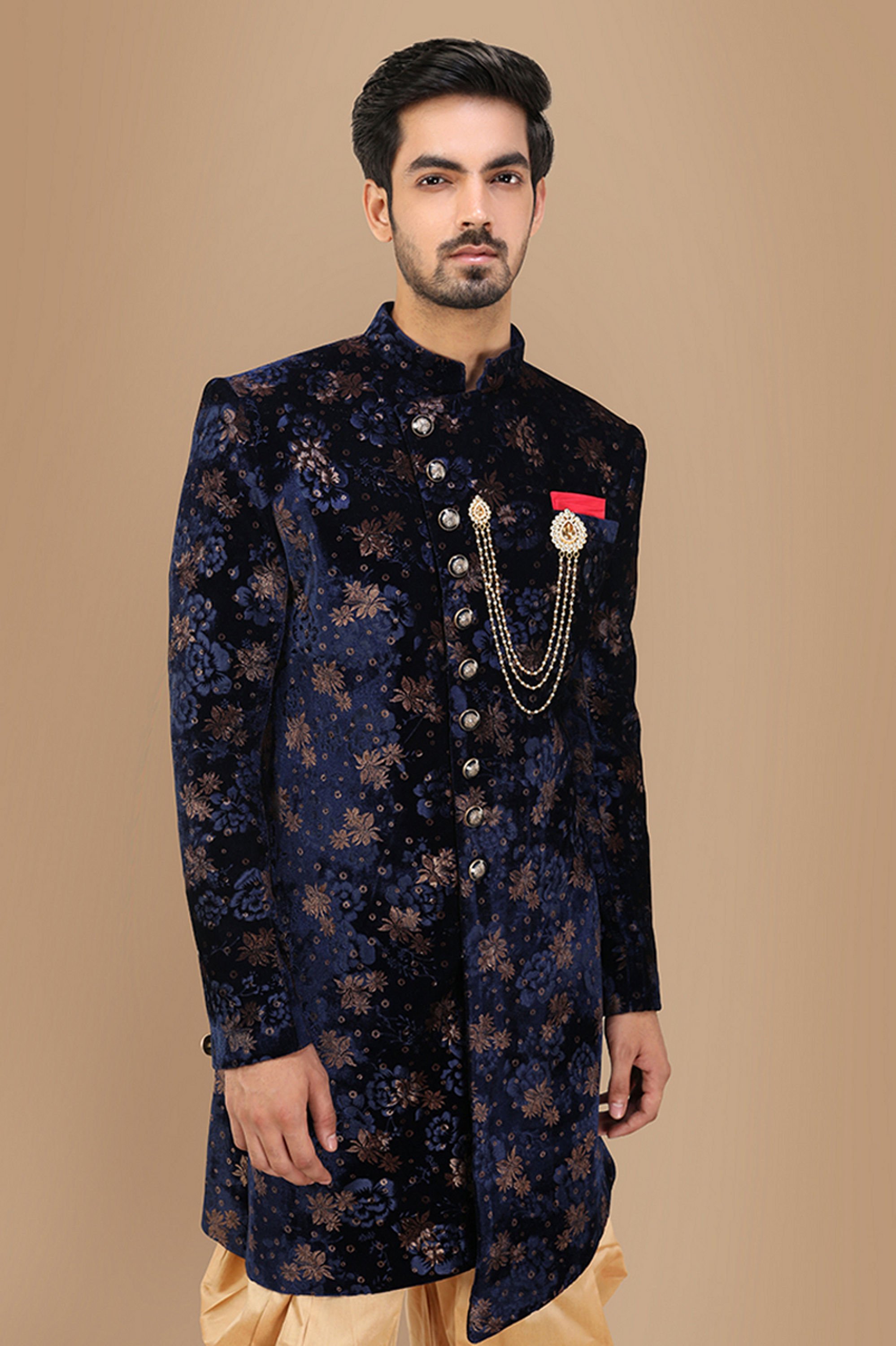 Manyavar Men Velvet Blue Indo Western