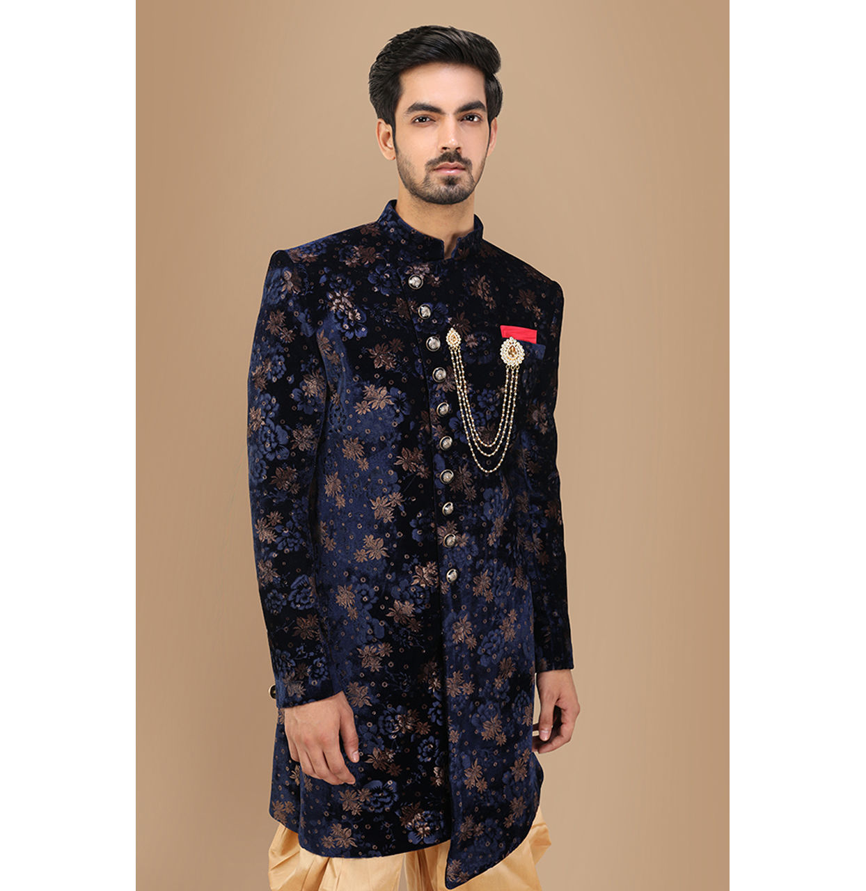 alt message - Manyavar Men Velvet Blue Indo-Western image number 0