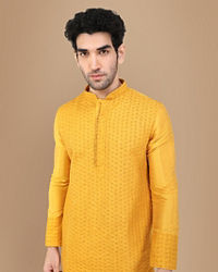 Manyavar Men Amber Yellow Self Design Kurta Set