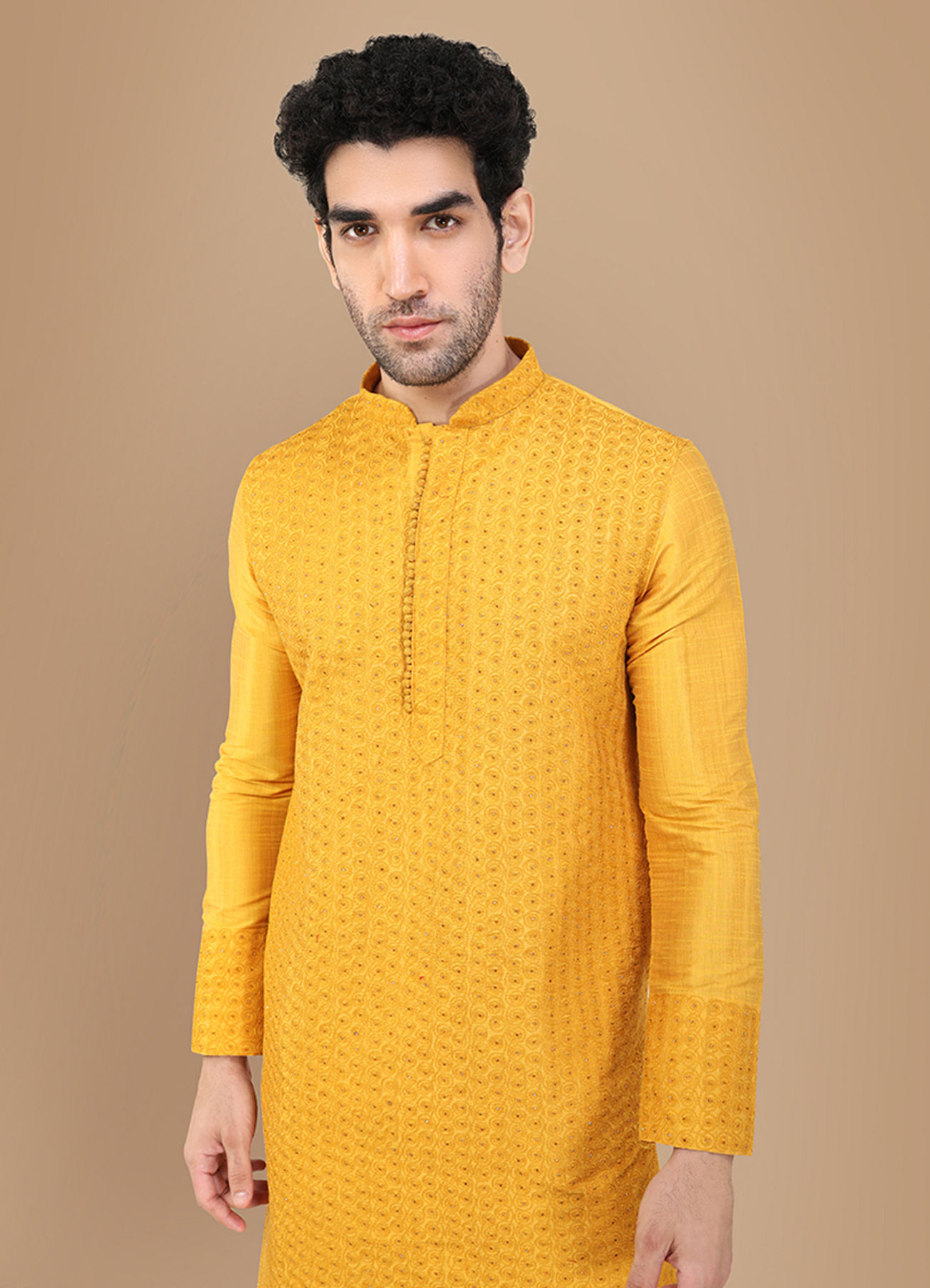 Manyavar Men Amber Yellow Self Design Kurta Set