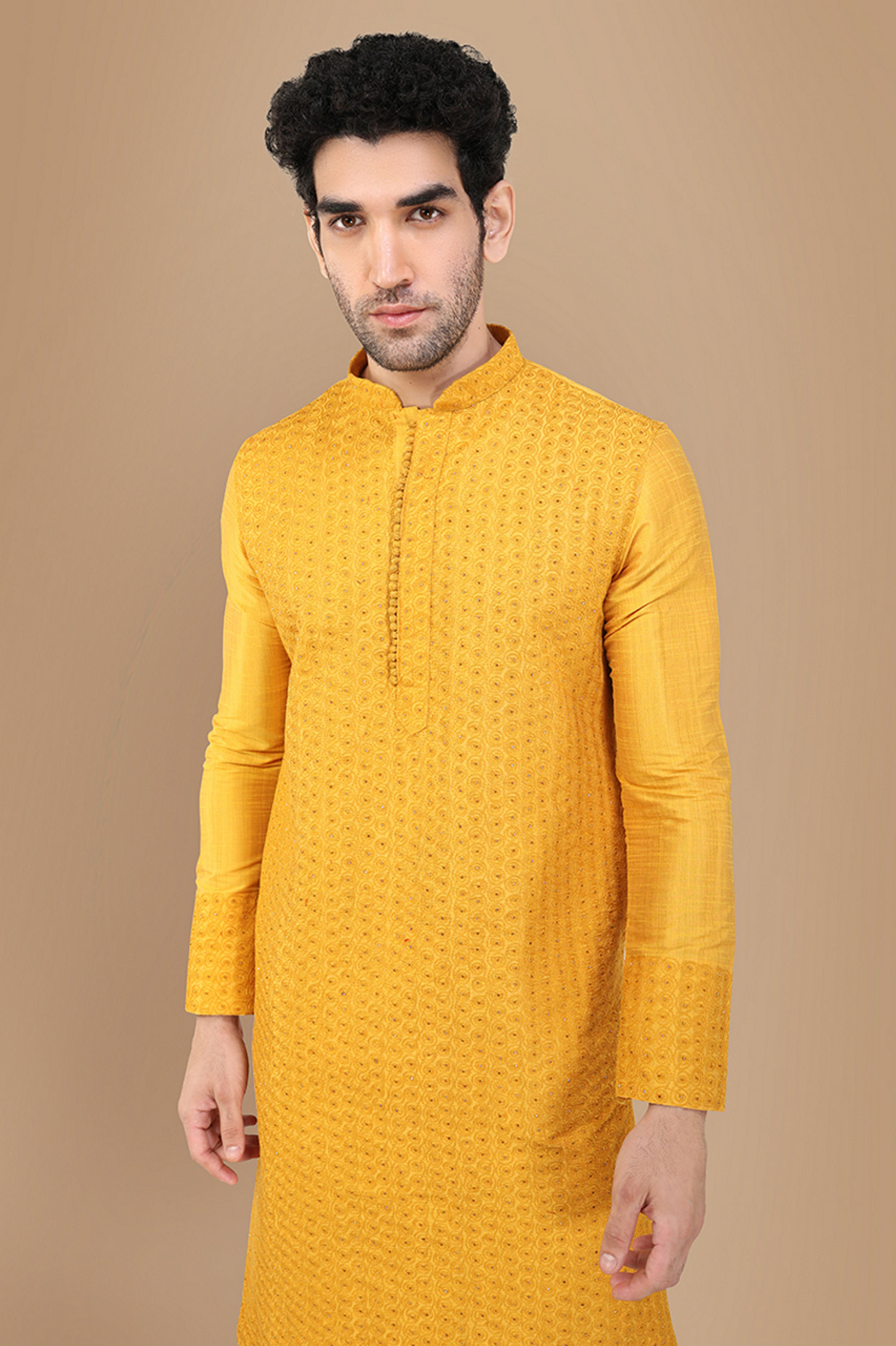 Manyavar Men Amber Yellow Self Design Kurta Set