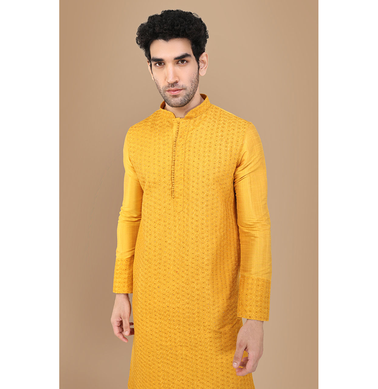 Manyavar Men Amber Yellow Self Design Kurta Set