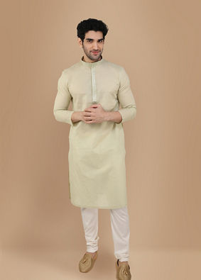 alt message - Manyavar Men Light Green Solid Kurta Set With Neck Detailing image number 0