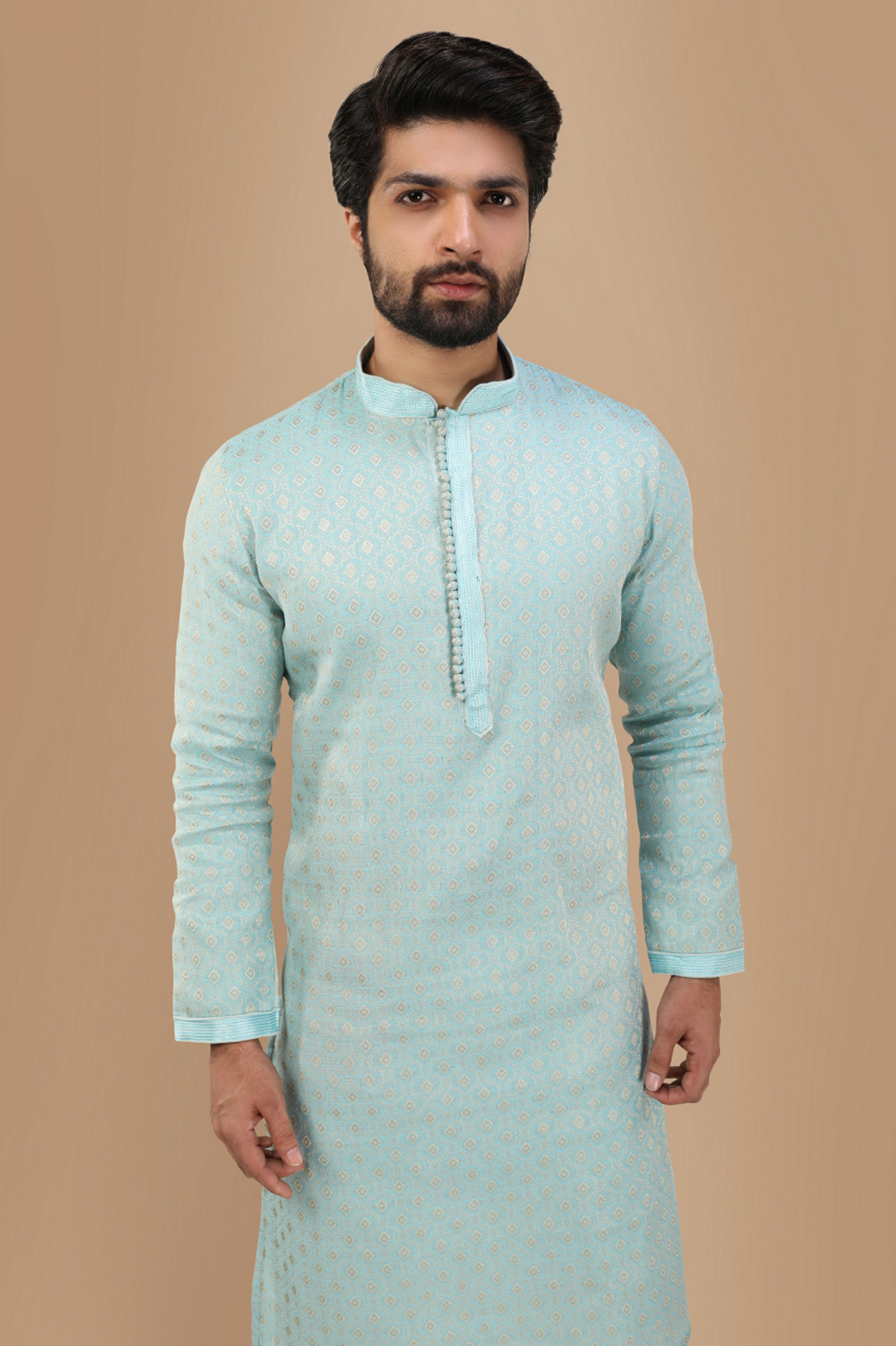 Manyavar Men Powder Blue Self Design Kurta Set