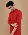 alt message - Manyavar Men Red Chikankari Kurta Set image number 0