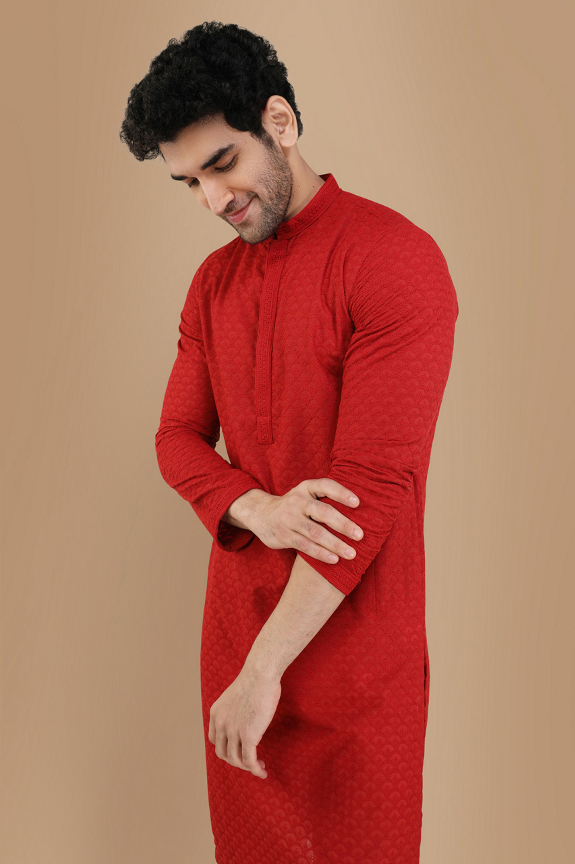 Manyavar Men Red Chikankari Kurta Set