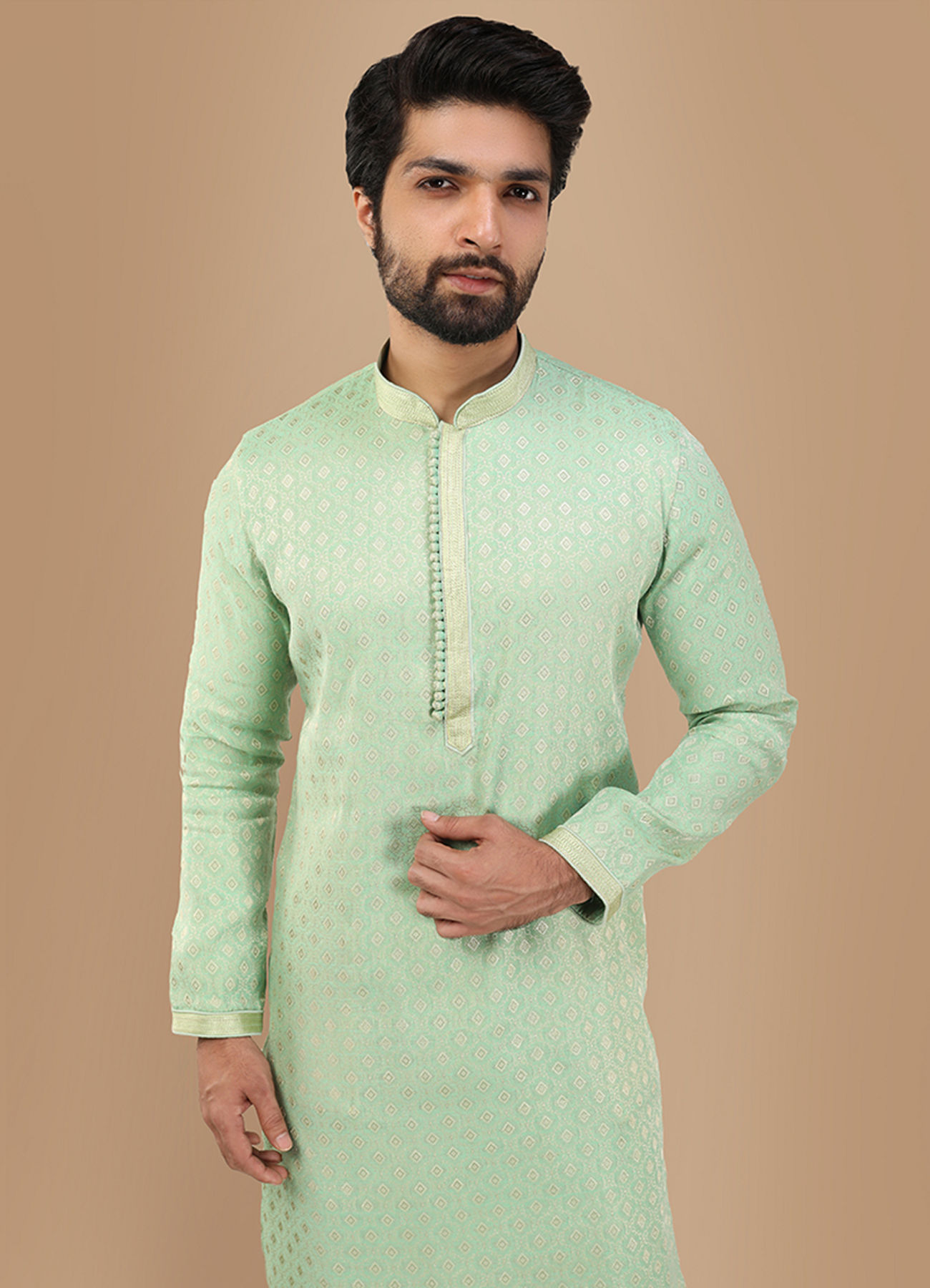 Manyavar Men Mint Green Jacquard Kurta Set