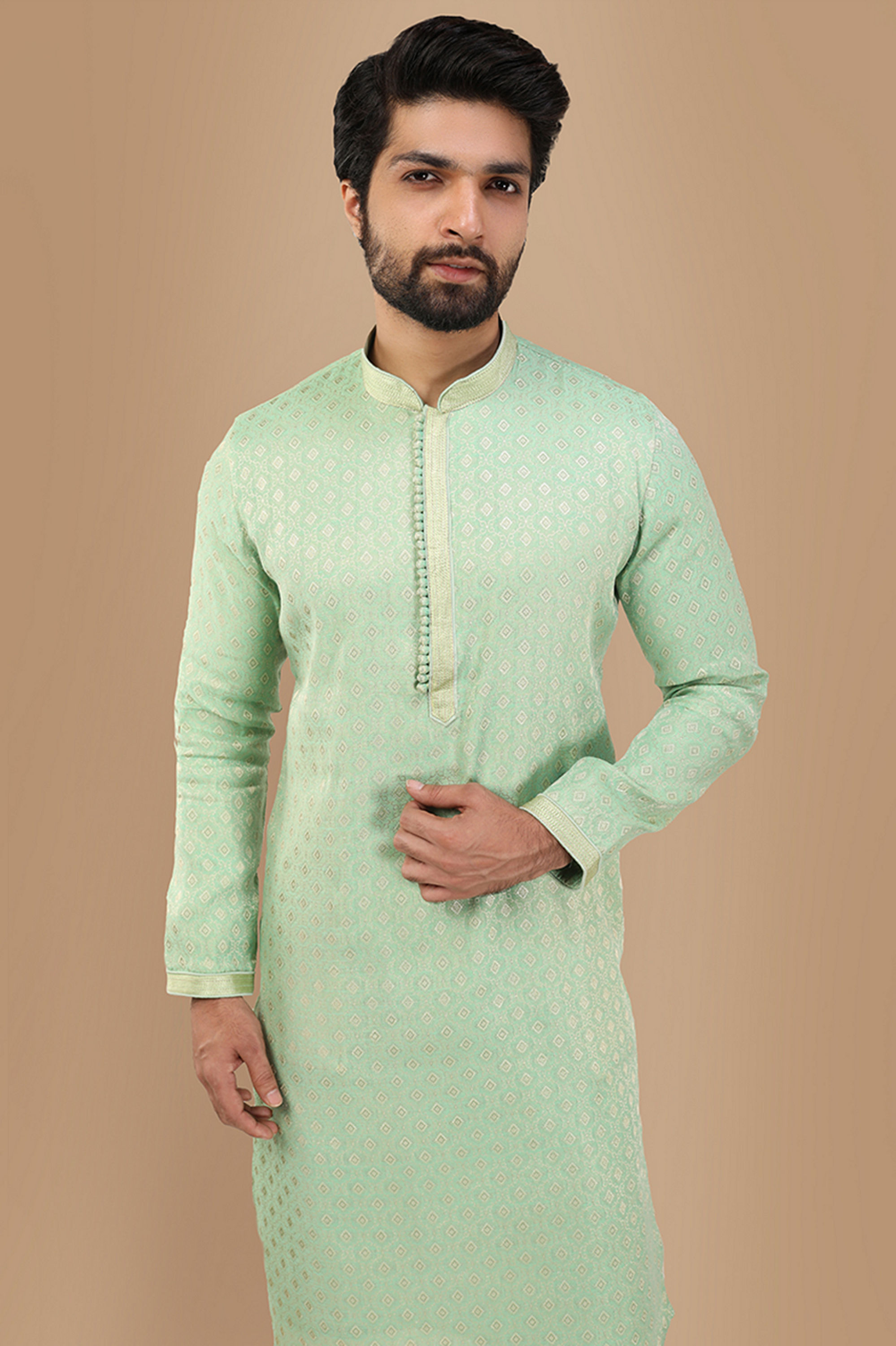 Manyavar Men Mint Green Jacquard Kurta Set