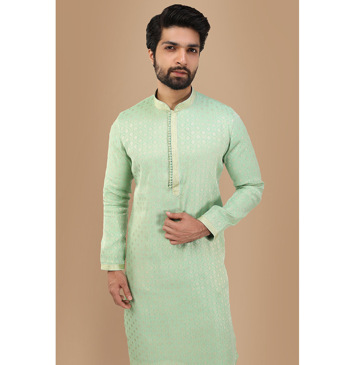 Manyavar Men Mint Green Jacquard Kurta Set