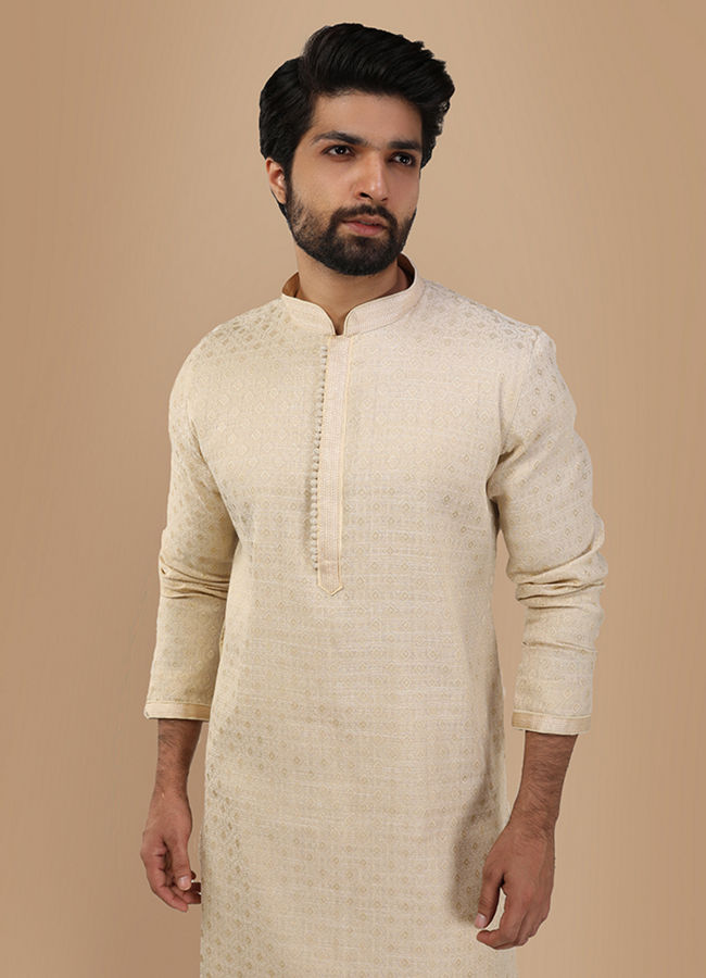 Manyavar Men Cream Jacquard Kurta Set image number 0