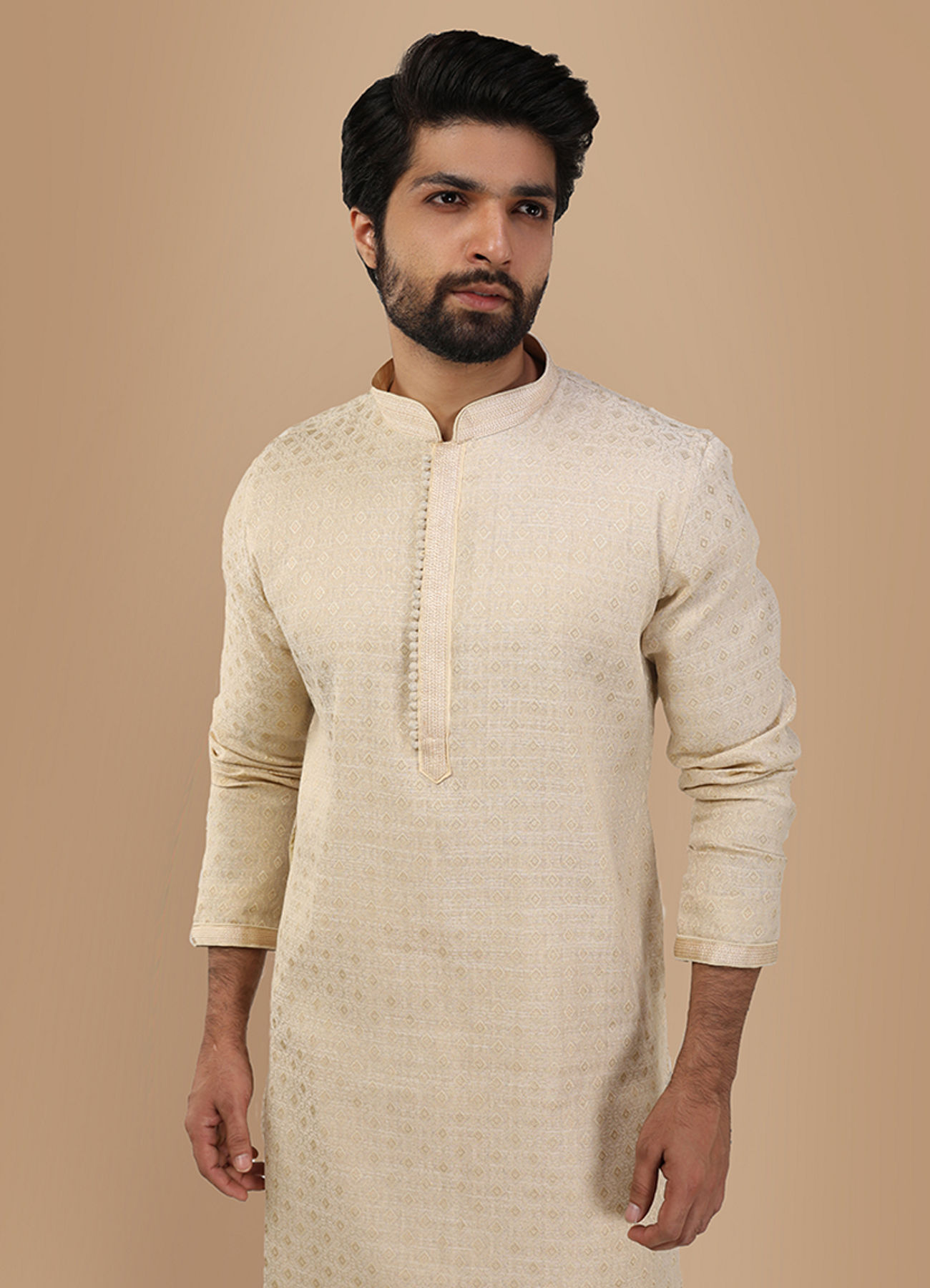 Manyavar Men Cream Jacquard Kurta Set