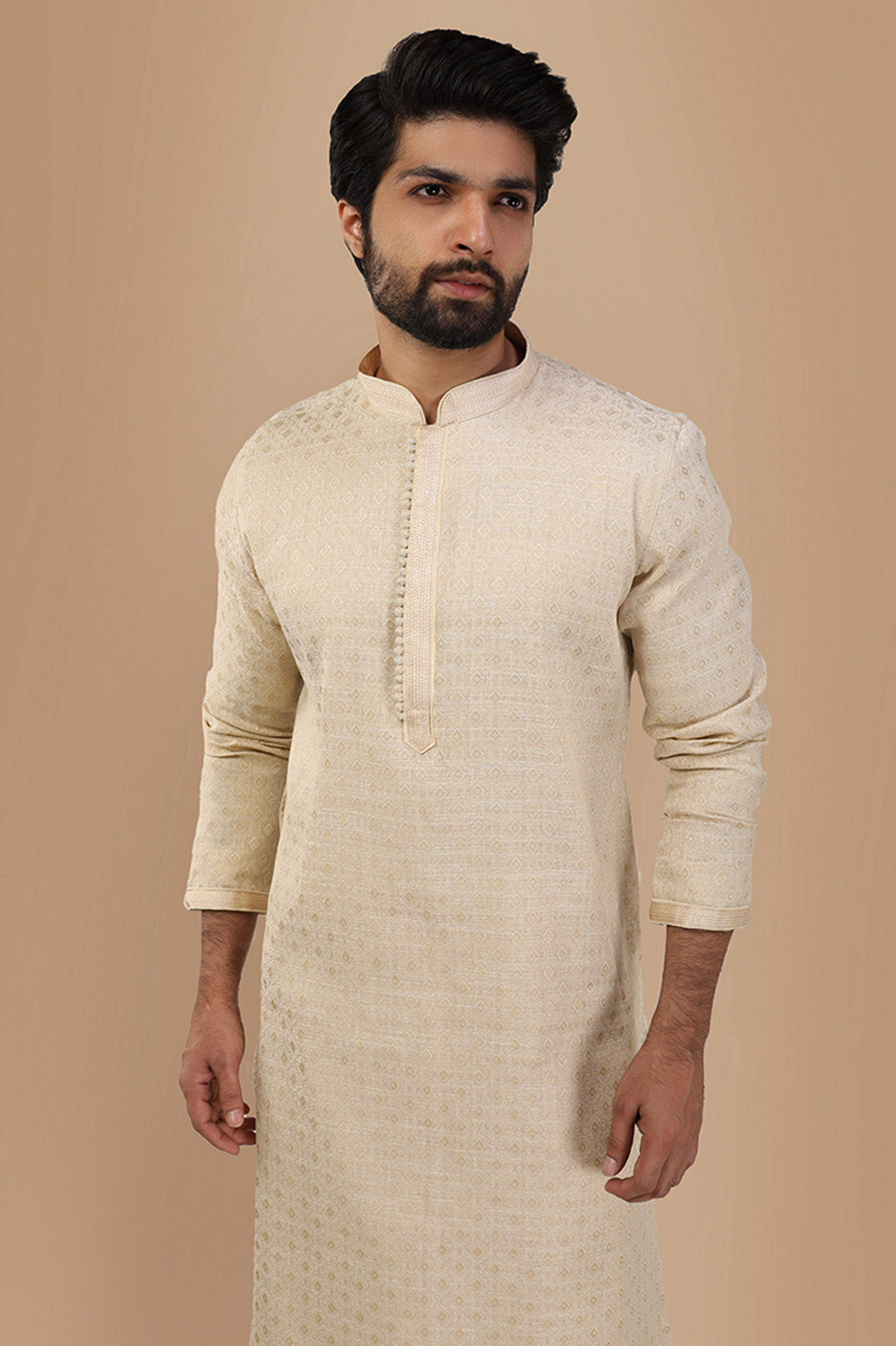 Manyavar Men Cream Jacquard Kurta Set