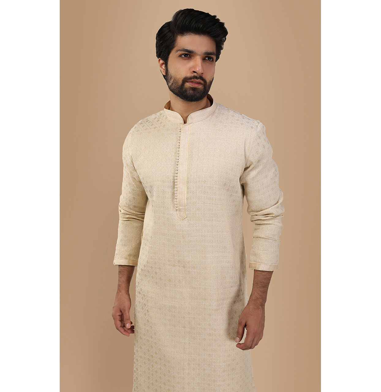 Manyavar Men Cream Jacquard Kurta Set
