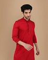 alt message - Manyavar Men Scarlet Red Kurta Set With Neck Detailing image number 0