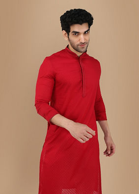 alt message - Manyavar Men Scarlet Red Kurta Set With Neck Detailing image number 0