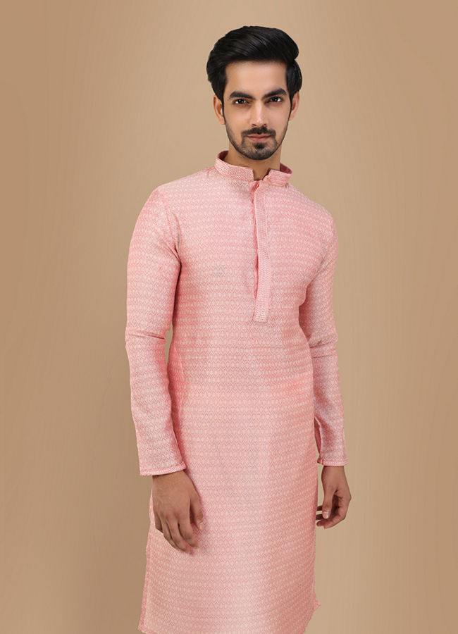 Manyavar Men Salmon Pink Self Texture Kurta Set