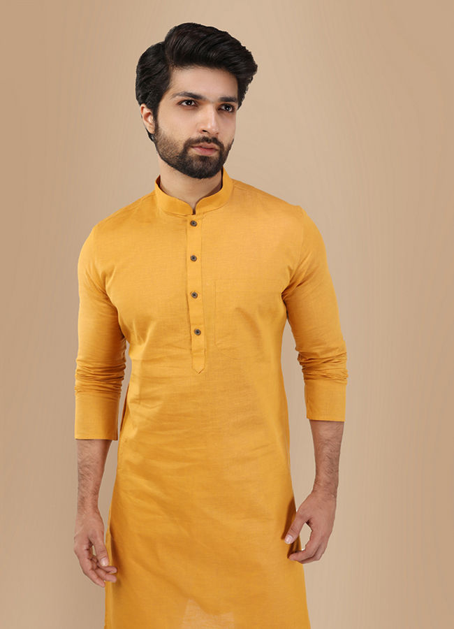 alt message - Manyavar Men Mustard Yellow Solid Kurta image number 0