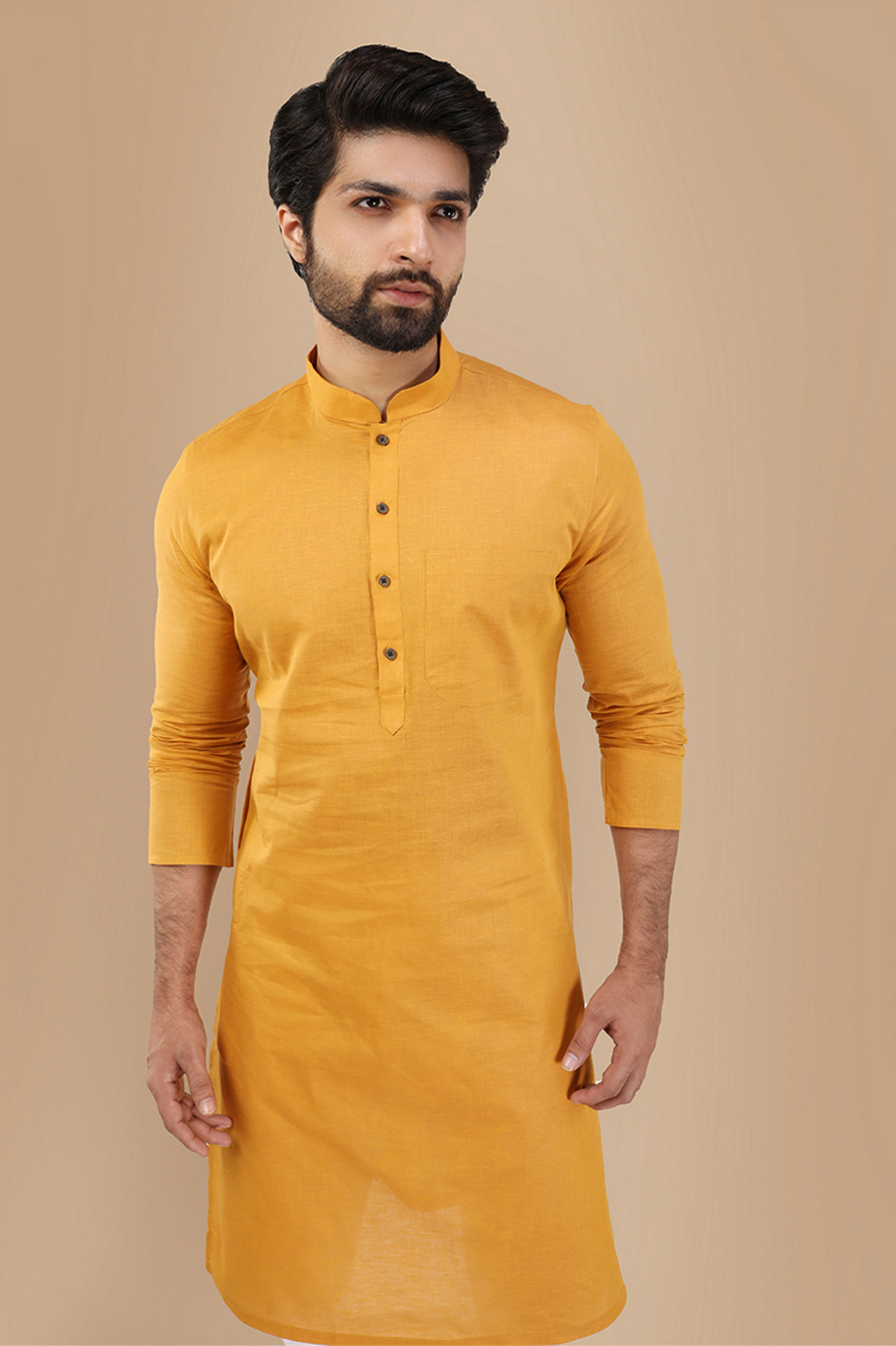 Manyavar Men Mustard Yellow Solid Kurta