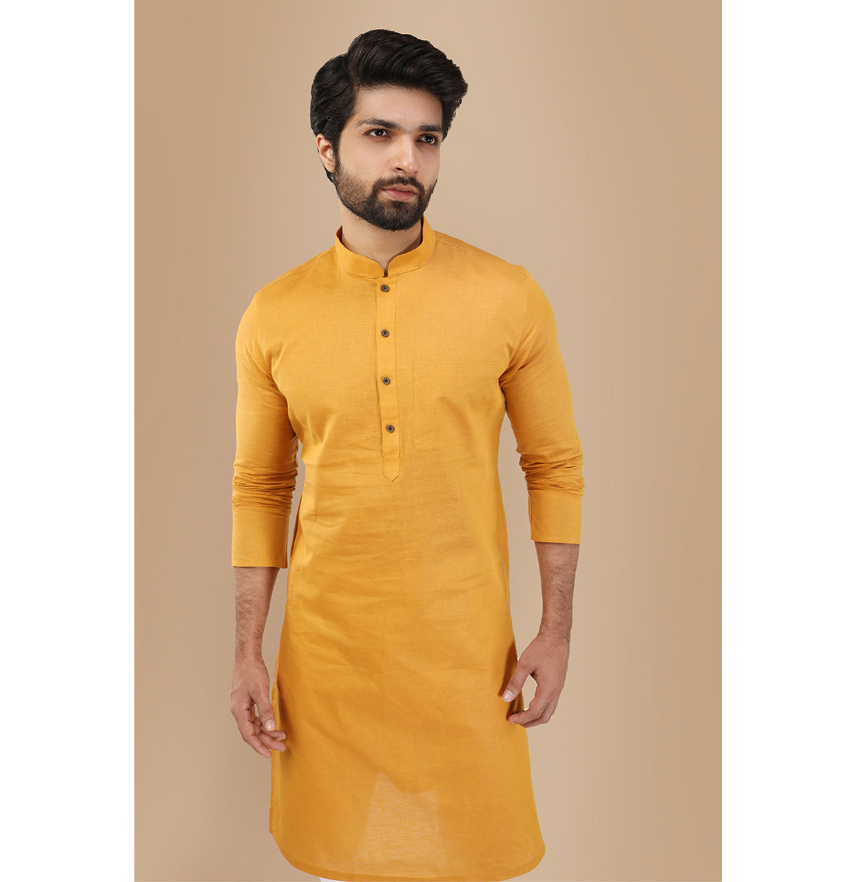 alt message - Manyavar Men Mustard Yellow Solid Kurta image number 0