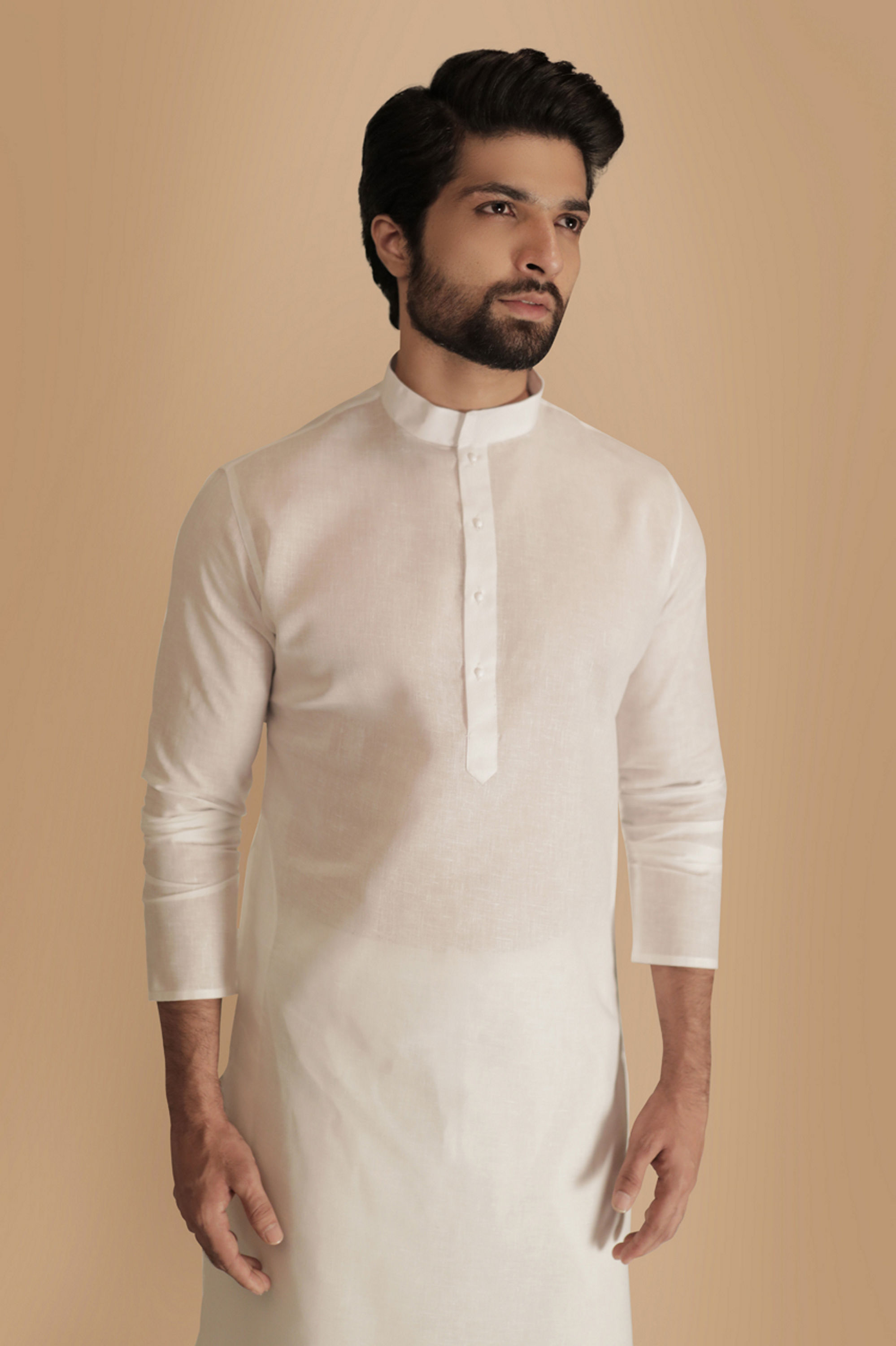 Manyavar Men Pearl White Solid Kurta Set