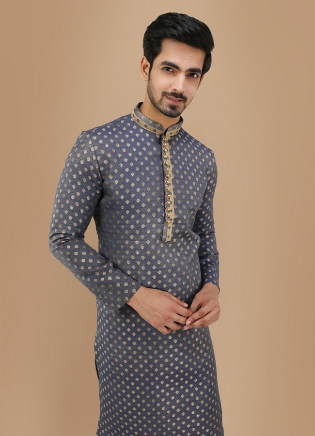 Manyavar Men Royal Blue Boota Work Kurta Set