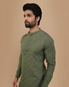 Manyavar Men Olive Green Self Chequered Kurta
