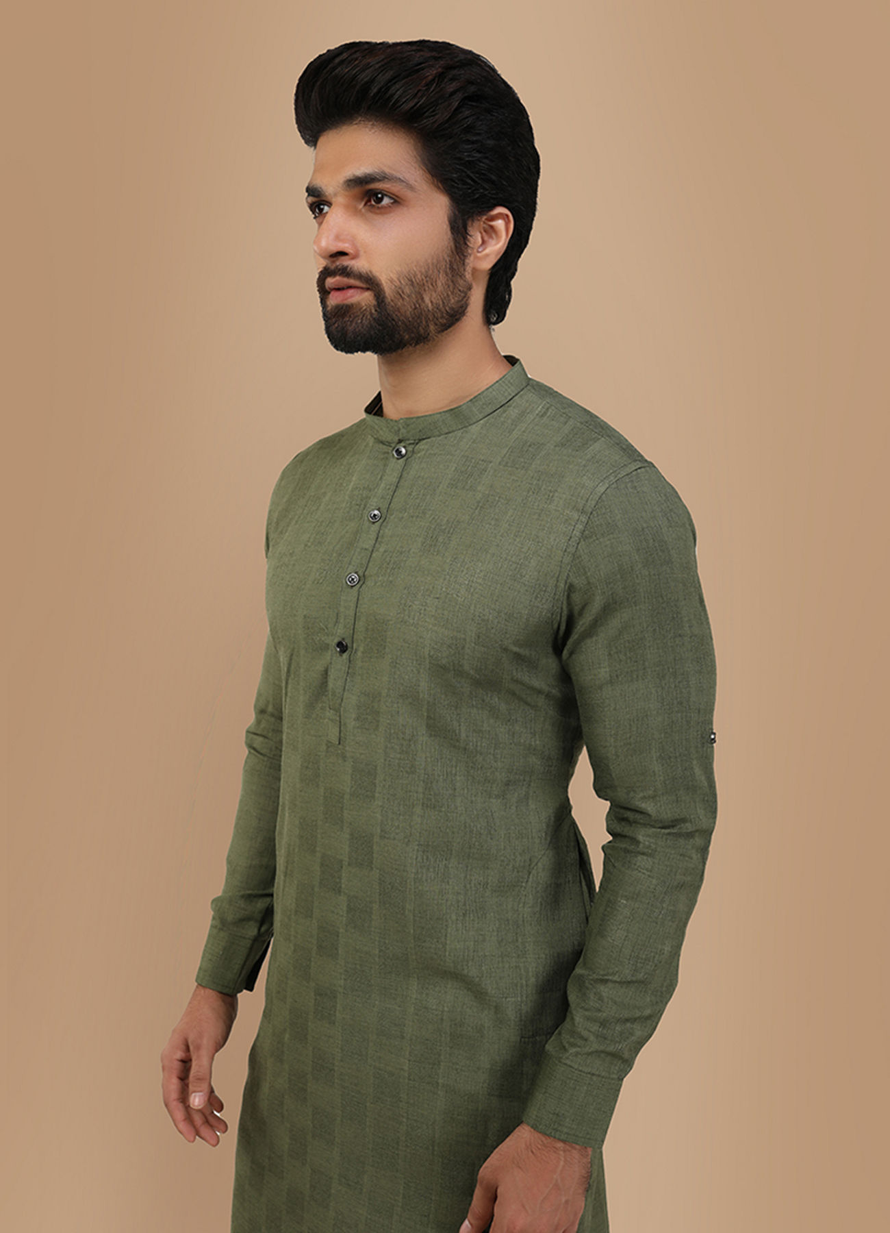 Manyavar Men Olive Green Self Chequered Kurta