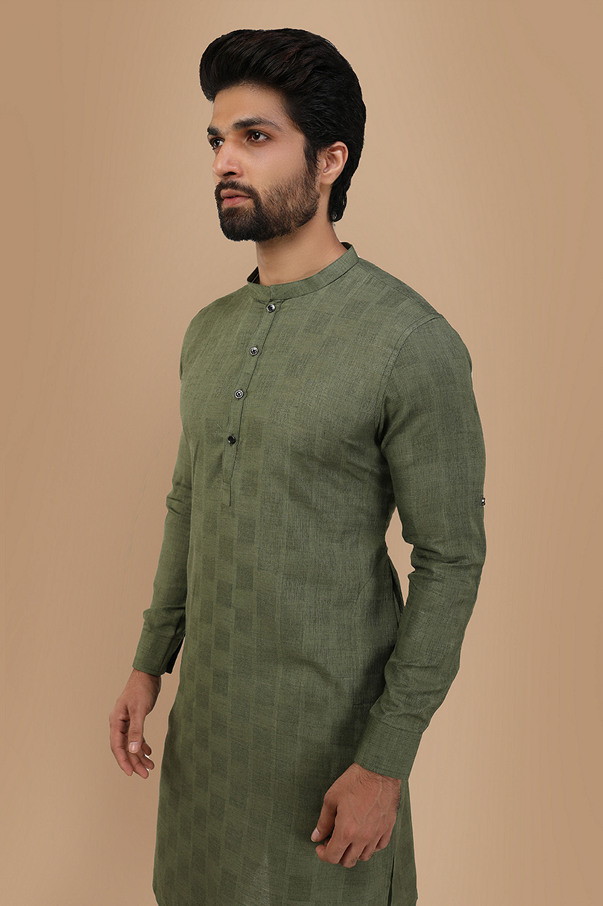 Manyavar Men Olive Green Self Chequered Kurta