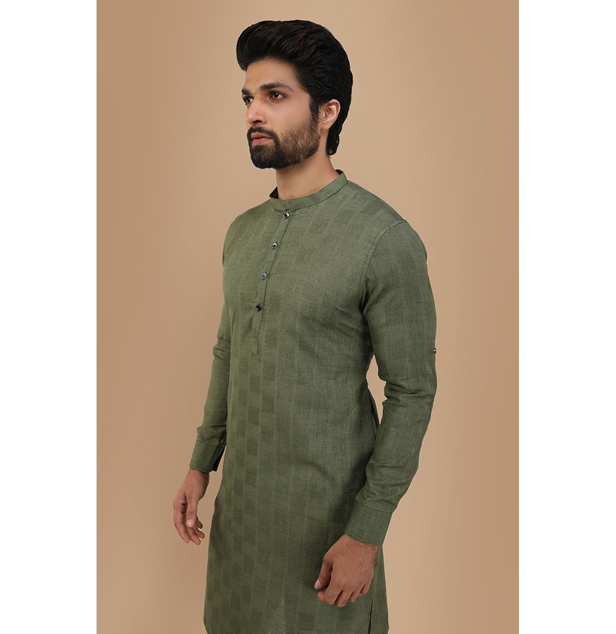 Manyavar Men Olive Green Self Chequered Kurta image number 0