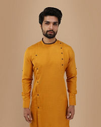 Manyavar Men Mustard Yellow Self Design Asymmetrical Kurta