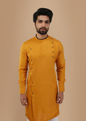 alt message - Manyavar Men Mustard Yellow Self Design Asymmetrical Kurta image number 0