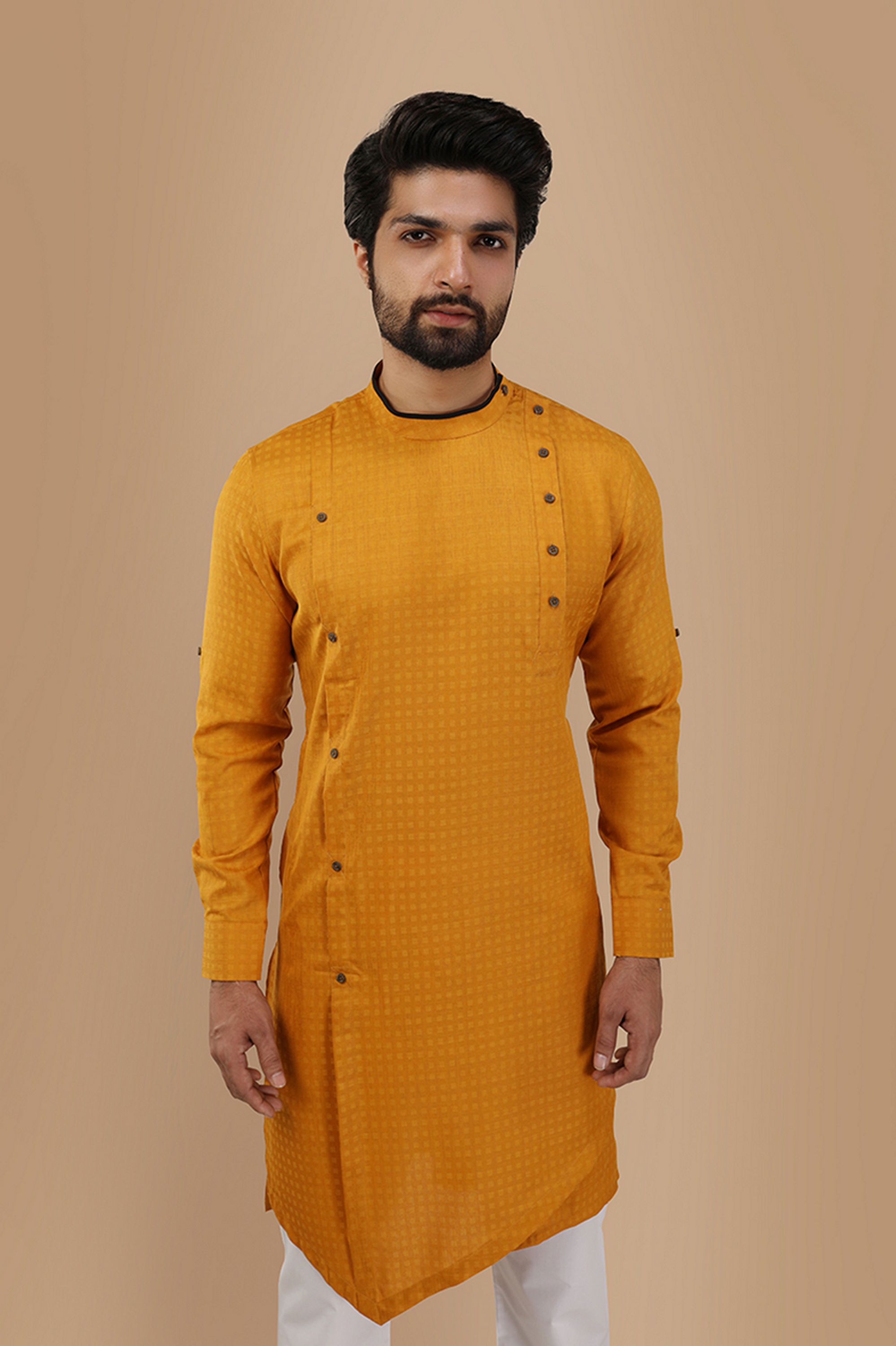 Manyavar Men Mustard Yellow Self Design Asymmetrical Kurta