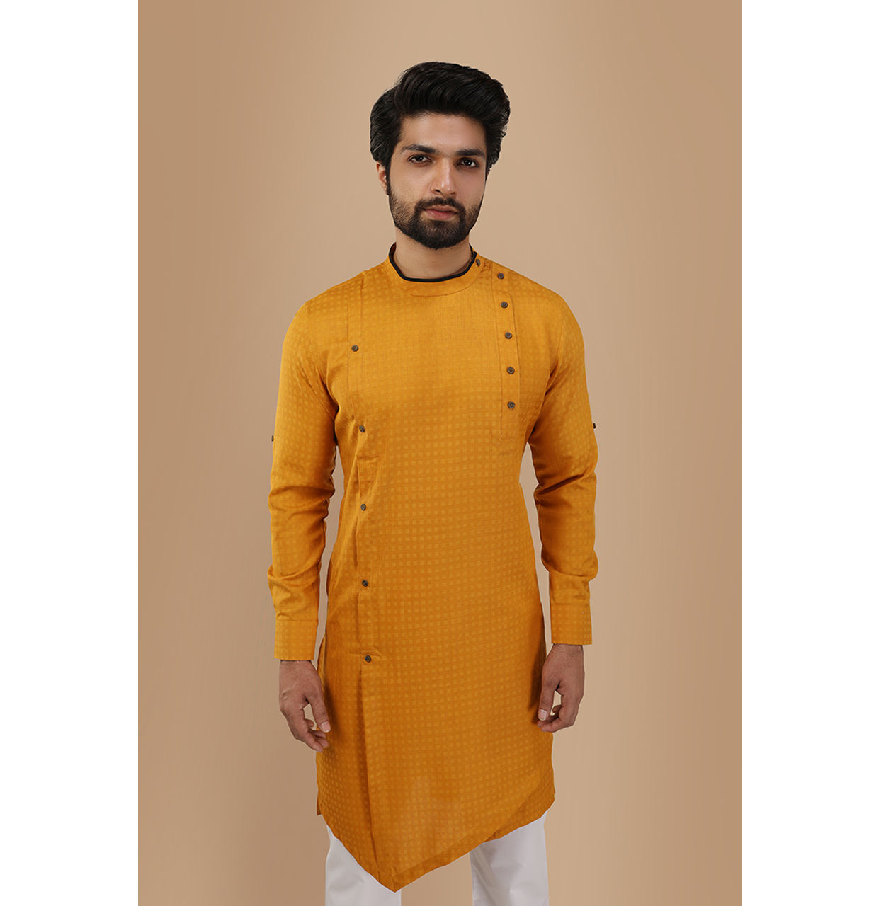 alt message - Manyavar Men Mustard Yellow Self Design Asymmetrical Kurta image number 0