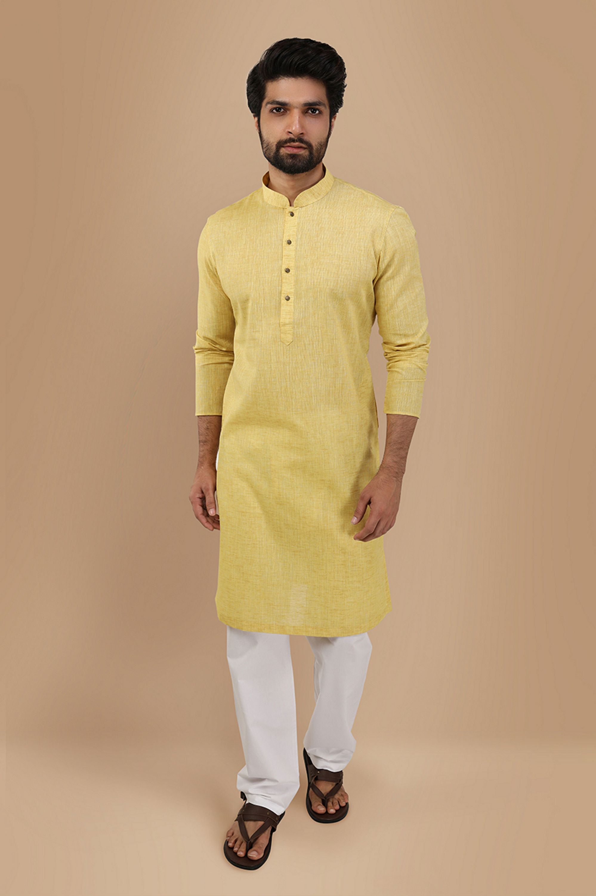 Manyavar Men Faded Yellow Solid Kurta