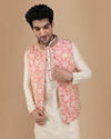 alt message - Manyavar Men Peach And Cream Festive Kurta Jacket With Floral Detailing image number 0